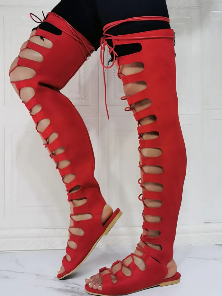 Bottes d'été rouges à bout ouvert talon plat micro daim sandales gladiateur d'été