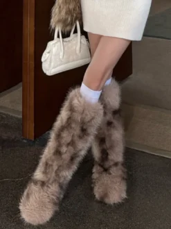 Bottes en fausse fourrure pour femmes bout rond plates montantes jusqu'aux genoux