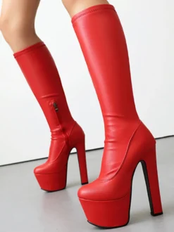 Bottes Femme Verni Sexy Bout Rond Talon Épais Cuissardes Plateforme Épais