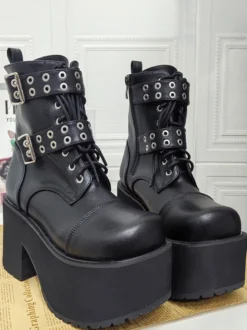 Bottes Gothic Lolita en cuir PU noir à bout rond et talon épais