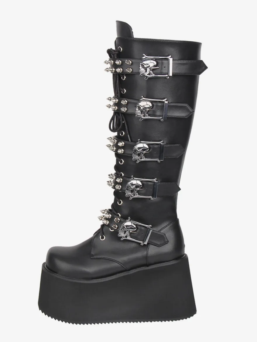 Bottes Gothic Lolita en cuir PU bout rond talon compensé noir