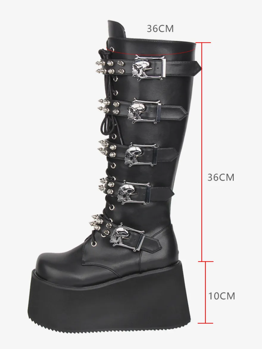 Bottes Gothic Lolita en cuir PU bout rond talon compensé noir