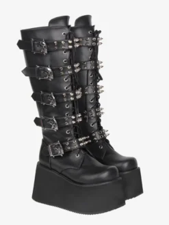 Bottes Gothic Lolita en cuir PU bout rond talon compensé noir