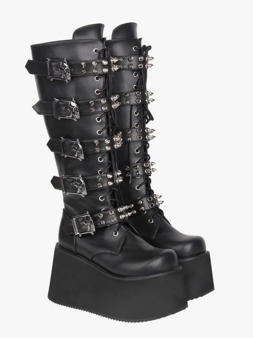 Bottes Gothic Lolita en cuir PU bout rond talon compensé noir