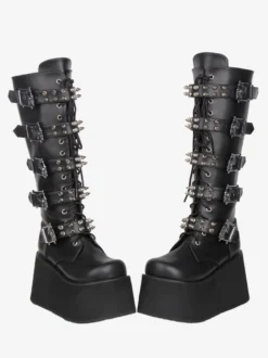 Bottes Gothic Lolita en cuir PU bout rond talon compensé noir