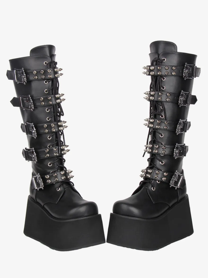Bottes Gothic Lolita en cuir PU bout rond talon compensé noir