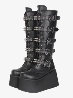 Bottes Gothic Lolita en cuir PU bout rond talon compensé noir