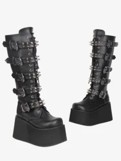Bottes Gothic Lolita en cuir PU bout rond talon compensé noir