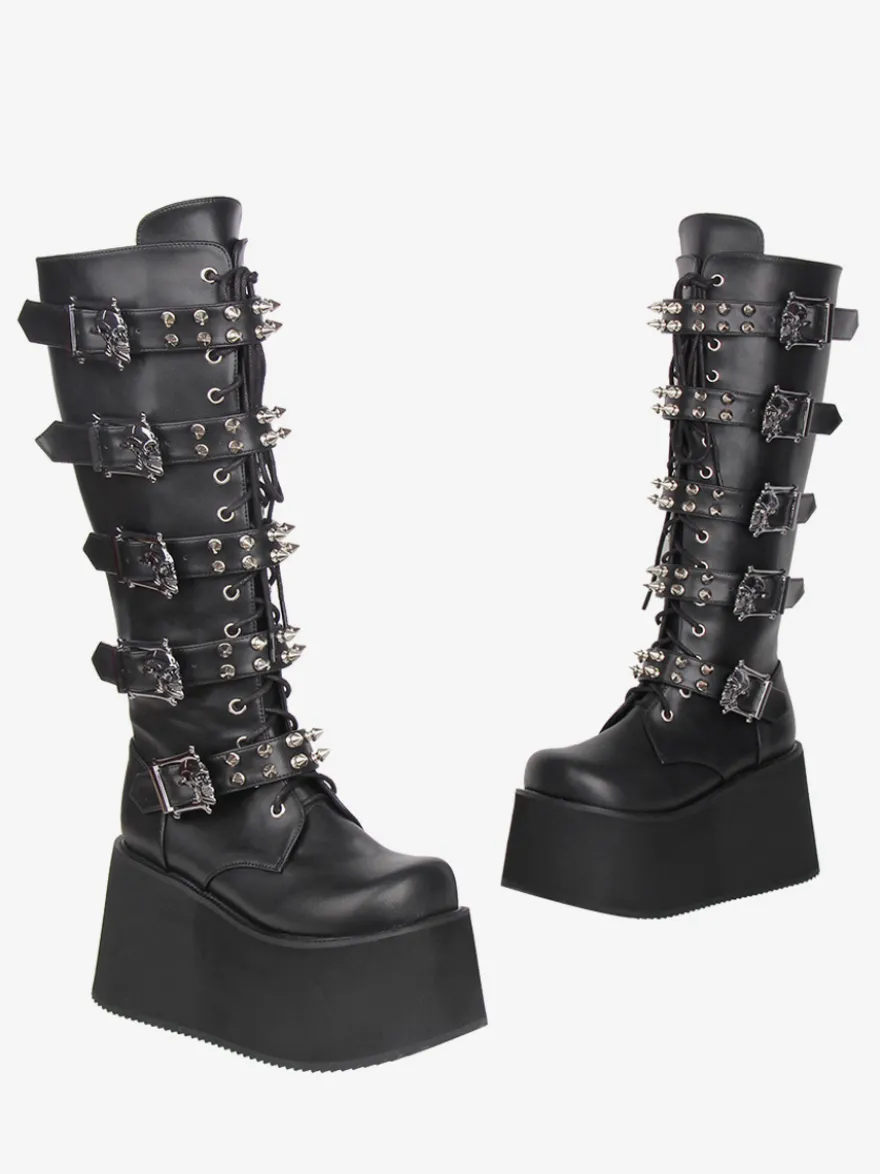 Bottes Gothic Lolita en cuir PU bout rond talon compensé noir