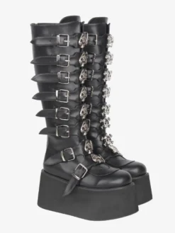Bottes Gothic Lolita noires en PU à bout rond et talon compensé chaussures Lolita à plateforme