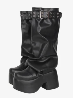 Bottes Gothic Lolita noires en PU à bout rond et talon compensé en cuir PU