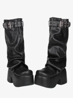Bottes Gothic Lolita noires en PU à bout rond et talon compensé en cuir PU