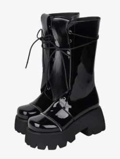 Bottes gothiques Lolita avec œillets noirs bout rond métallique chaussures Lolita en cuir PU