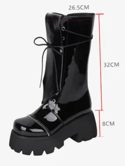Bottes gothiques Lolita avec œillets noirs bout rond métallique chaussures Lolita en cuir PU