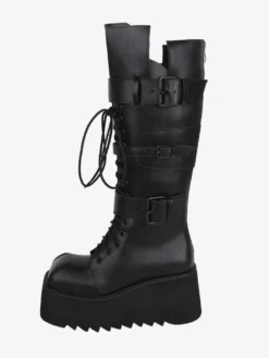 Bottes gothiques Lolita avec œillets noirs bout rond métallique chaussures Lolita en cuir PU