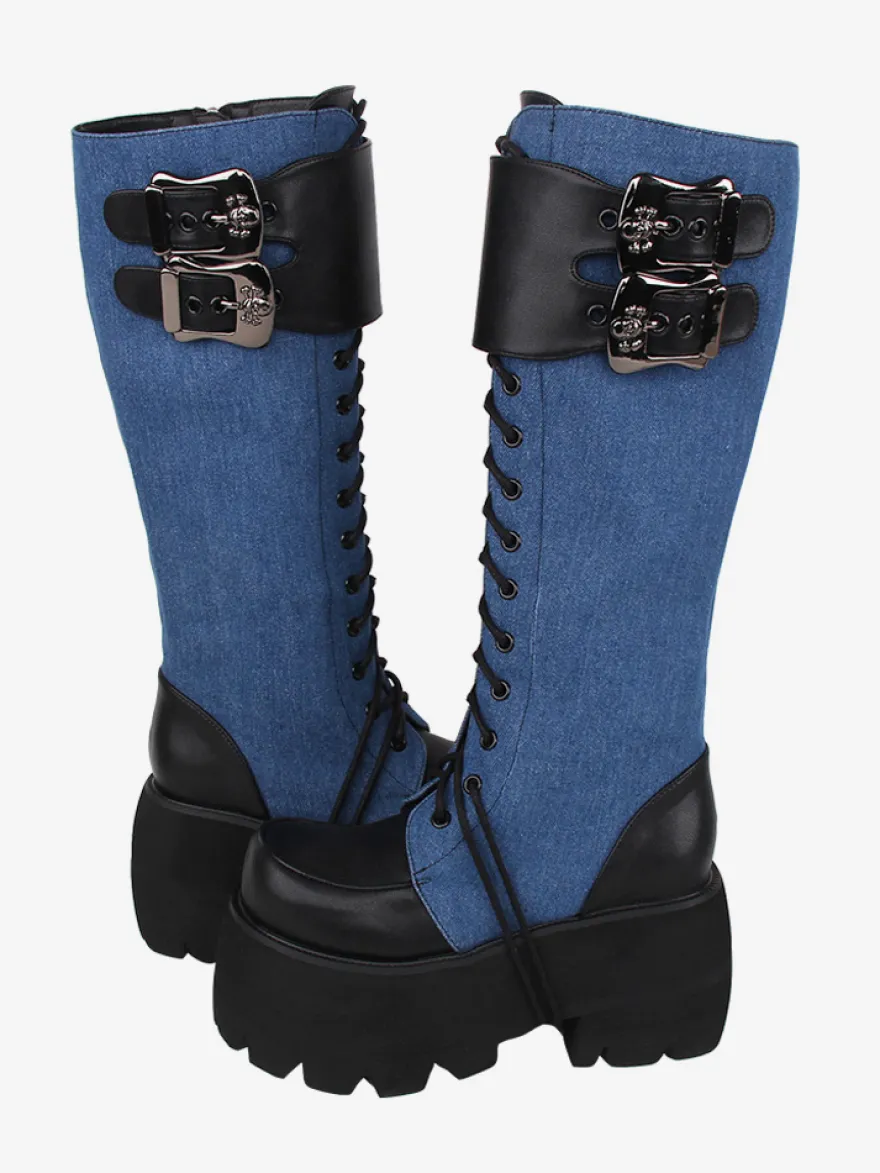 Bottes gothiques Lolita avec œillets noirs bout rond métallique chaussures Lolita en cuir PU