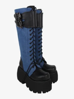 Bottes gothiques Lolita avec œillets noirs bout rond métallique chaussures Lolita en cuir PU