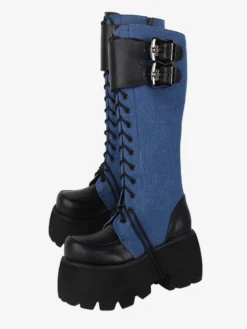 Bottes gothiques Lolita avec œillets noirs bout rond métallique chaussures Lolita en cuir PU