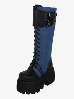 Bottes gothiques Lolita avec œillets noirs bout rond métallique chaussures Lolita en cuir PU