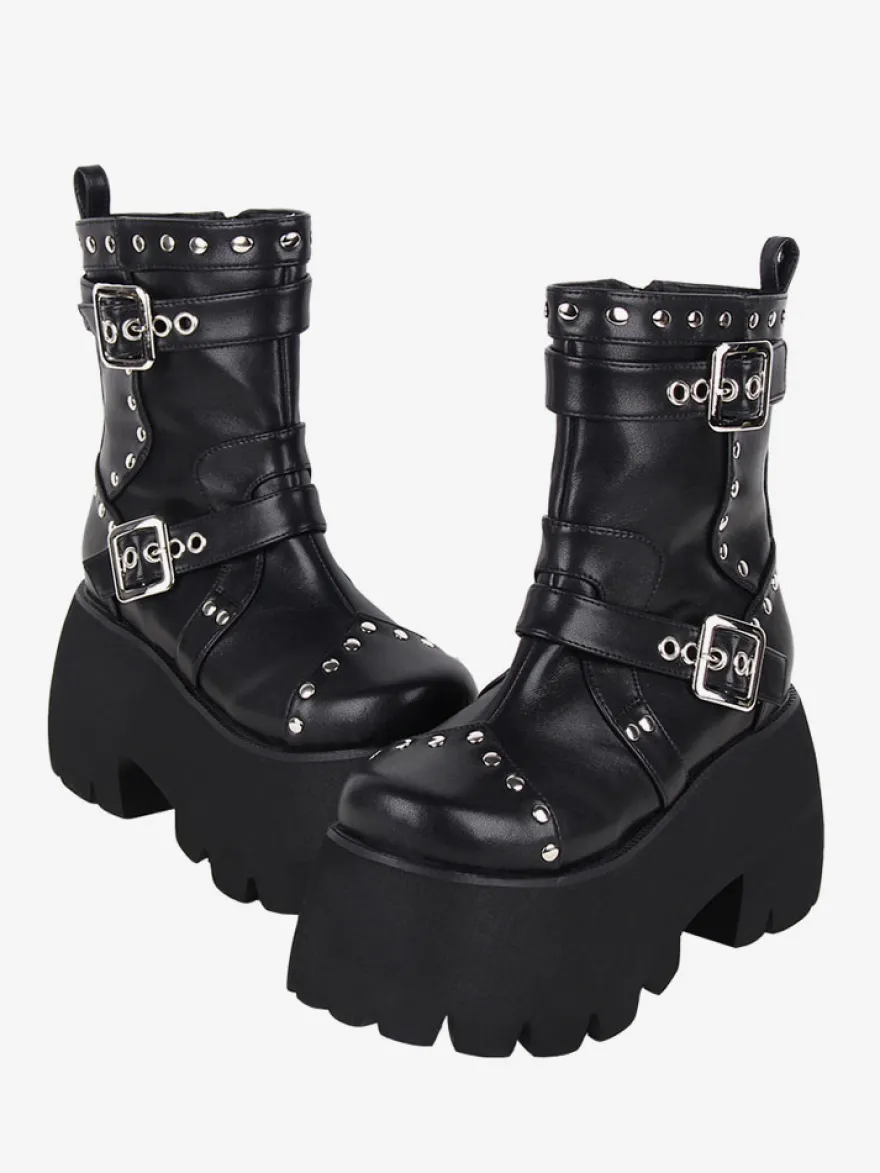 Bottes gothiques Lolita avec œillets noirs bout rond métallique chaussures Lolita en cuir PU
