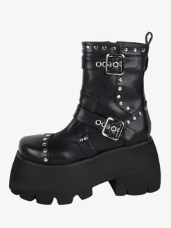 Bottes gothiques Lolita avec œillets noirs bout rond métallique chaussures Lolita en cuir PU