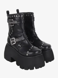 Bottes gothiques Lolita avec œillets noirs bout rond métallique chaussures Lolita en cuir PU