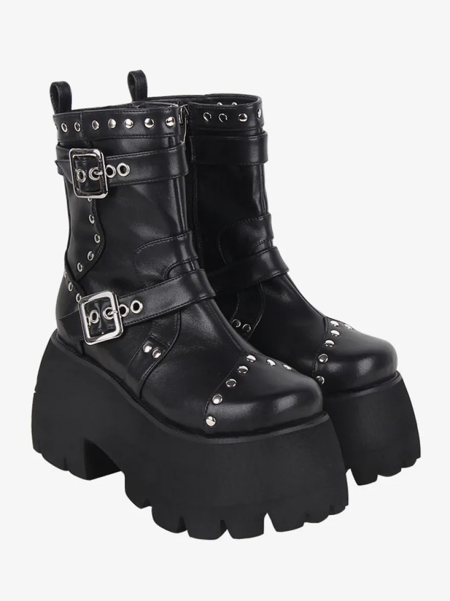 Bottes gothiques Lolita avec œillets noirs bout rond métallique chaussures Lolita en cuir PU