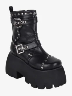 Bottes gothiques Lolita avec œillets noirs bout rond métallique chaussures Lolita en cuir PU