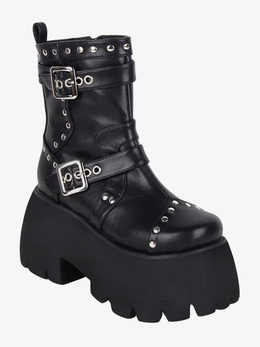 Bottes gothiques Lolita avec œillets noirs bout rond métallique chaussures Lolita en cuir PU