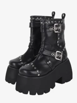 Bottes gothiques Lolita avec œillets noirs bout rond métallique chaussures Lolita en cuir PU