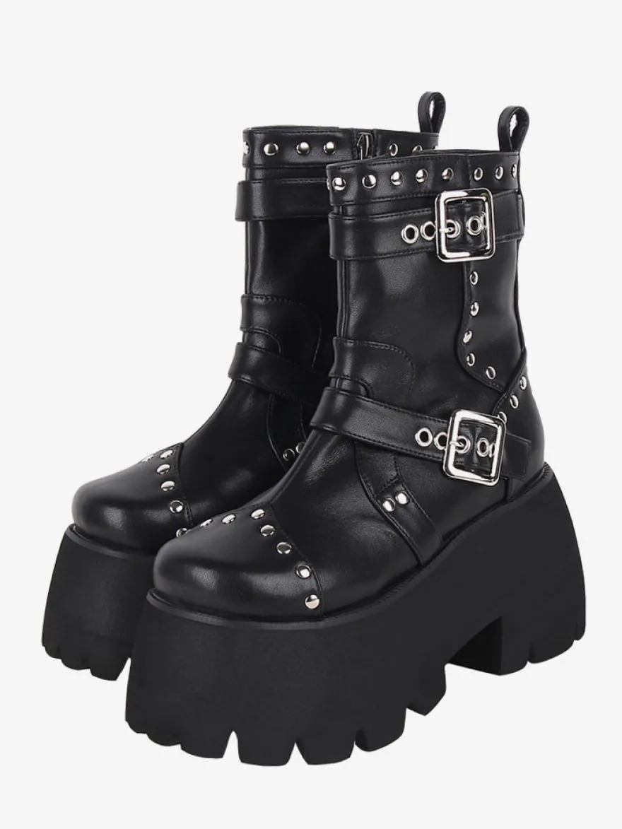 Bottes gothiques Lolita avec œillets noirs bout rond métallique chaussures Lolita en cuir PU