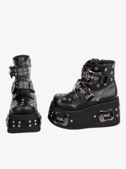 Bottes gothiques Lolita Cuir PU Œillets Bout rond Chaussures Lolita noires