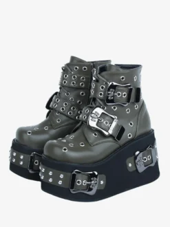 Bottes gothiques Lolita Cuir PU Œillets Bout rond Chaussures Lolita noires