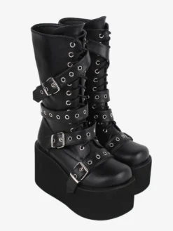 Bottes gothiques Lolita en cuir PU avec œillets métalliques bout rond chaussures Lolita noires