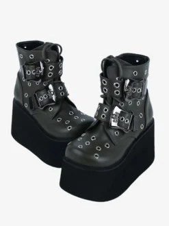 Bottes gothiques Lolita en cuir PU avec œillets métalliques bout rond chaussures Lolita vert chasseur