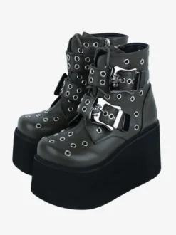 Bottes gothiques Lolita en cuir PU avec œillets métalliques bout rond chaussures Lolita vert chasseur