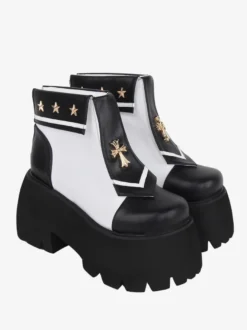 Bottes gothiques Lolita en cuir PU avec œillets métalliques bout carré chaussures Lolita noires