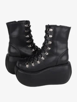 Bottes gothiques Lolita en cuir PU métallisé à bout rond chaussures Lolita noires
