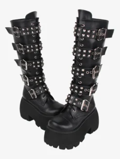Bottes gothiques Lolita en cuir PU rivets métalliques à paillettes œillets bout rond chaussures Lolita noires