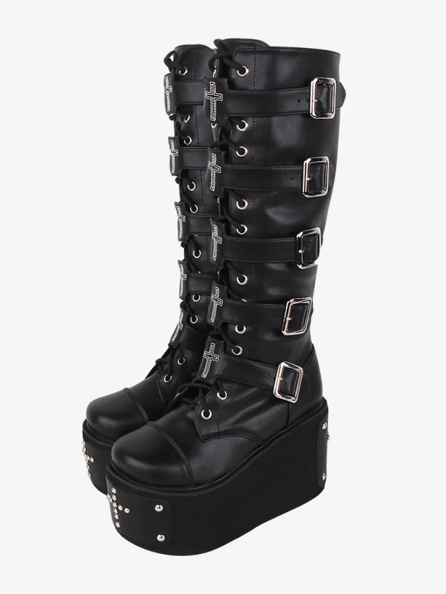 Bottes gothiques Lolita en cuir PU œillets métalliques rivets bout rond chaussures Lolita noires