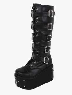 Bottes gothiques Lolita en cuir PU œillets métalliques rivets bout rond chaussures Lolita noires