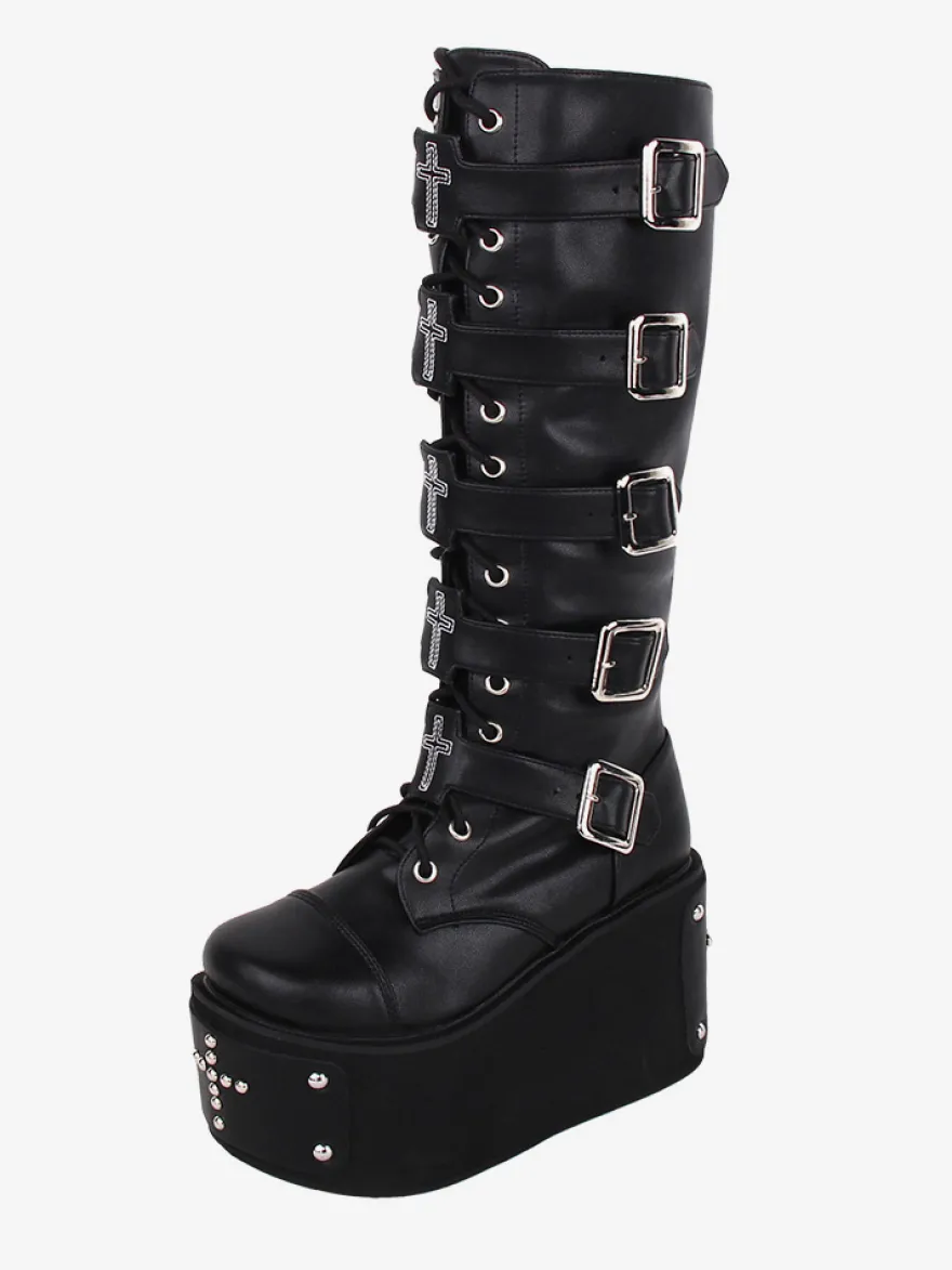 Bottes gothiques Lolita en cuir PU œillets métalliques rivets bout rond chaussures Lolita noires