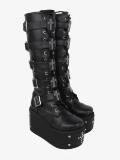 Bottes gothiques Lolita en cuir PU œillets métalliques rivets bout rond chaussures Lolita noires