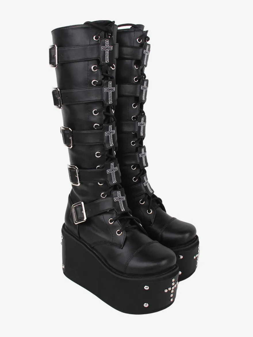 Bottes gothiques Lolita en cuir PU œillets métalliques rivets bout rond chaussures Lolita noires