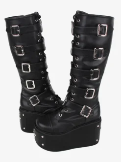 Bottes gothiques Lolita en cuir PU œillets métalliques rivets bout rond chaussures Lolita noires