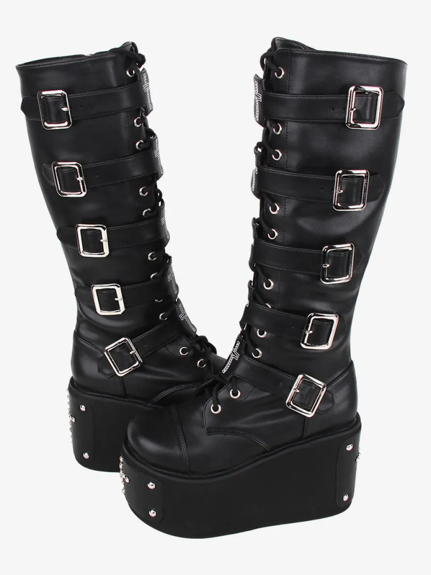 Bottes gothiques Lolita en cuir PU œillets métalliques rivets bout rond chaussures Lolita noires