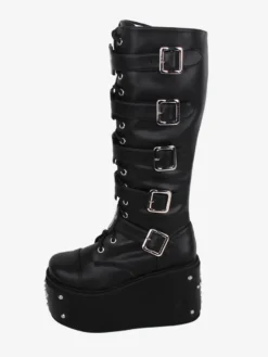 Bottes gothiques Lolita en cuir PU œillets métalliques rivets bout rond chaussures Lolita noires