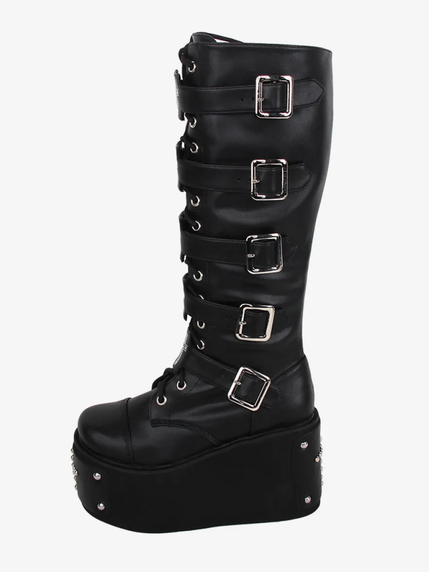 Bottes gothiques Lolita en cuir PU œillets métalliques rivets bout rond chaussures Lolita noires