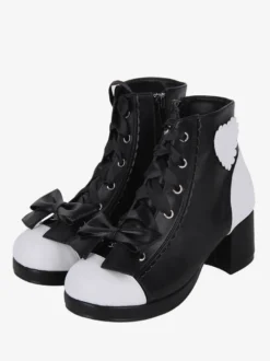 Bottes gothiques Lolita en cuir PU à imprimé floral et rivets à bout ouvert Chaussures Lolita noires