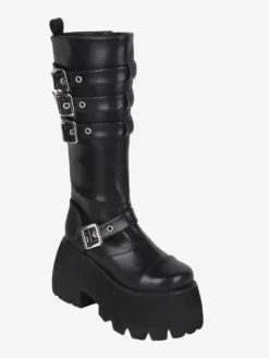 Bottes gothiques Lolita à œillets noirs et bout rond en cuir PU métallisé Chaussures Lolita